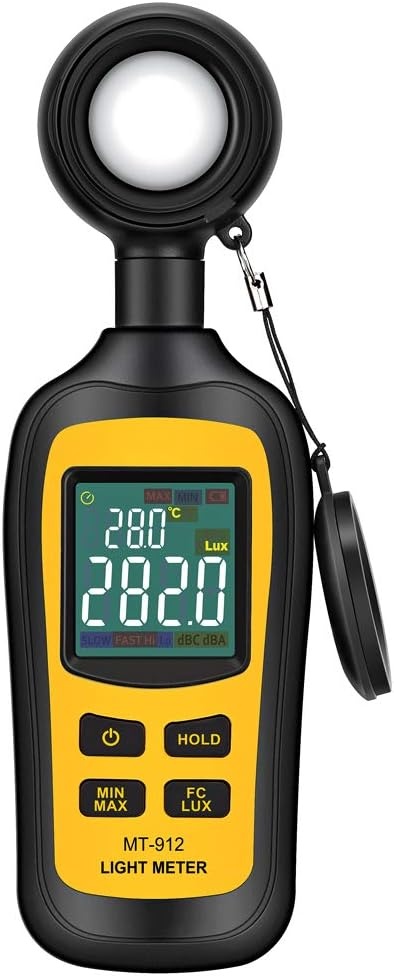Light Meter Digital Illuminance Meter Handheld Ambient Temperature Measurer, Range up to 200,000 Lux, Luxmeter with 4 Digit Color LCD Screen
