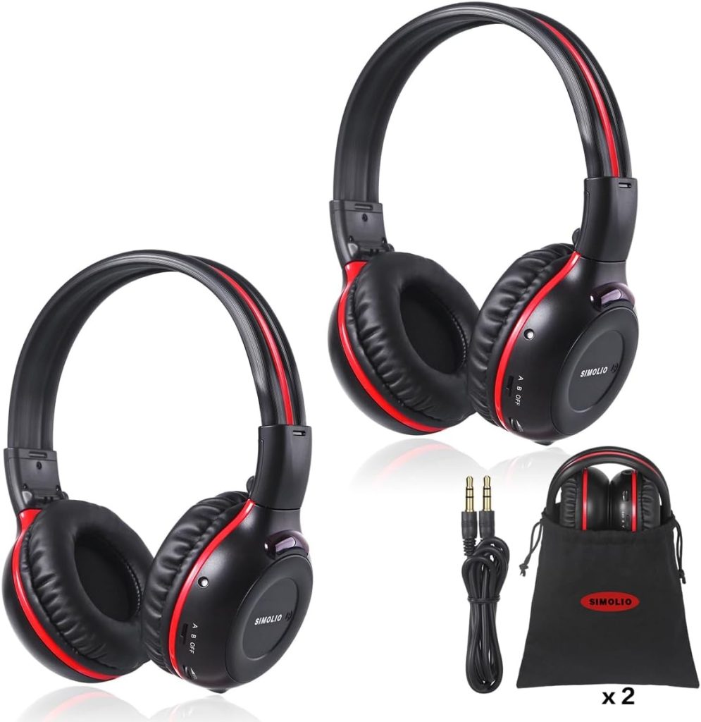 SIMOLIO 2 Pack of Wireless Car Headphones, 2 Channel IR Wireless Headphones for Kids, Not Bluetooth, in Car DVD Headsets with Storage Bag for Vehicle Universal Rear Entertainment System