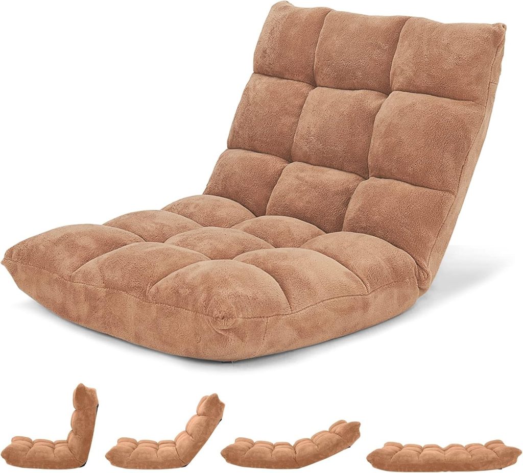 GIANTEX Folding Floor Chair with Back Support, 14 Adjustable Position, Padded Sleeper Bed, Couch Recliner, Gaming Floor Chairs for Adults, Meditation, Living Room (TAN)