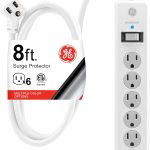 GE Surge Protector Power Strip, 8 Ft Extension Cord, 6 Outlet Extender, 800 Joules, Flat Plug, Twist-to-Close Safety Covers, ETL Listed, White, 67044