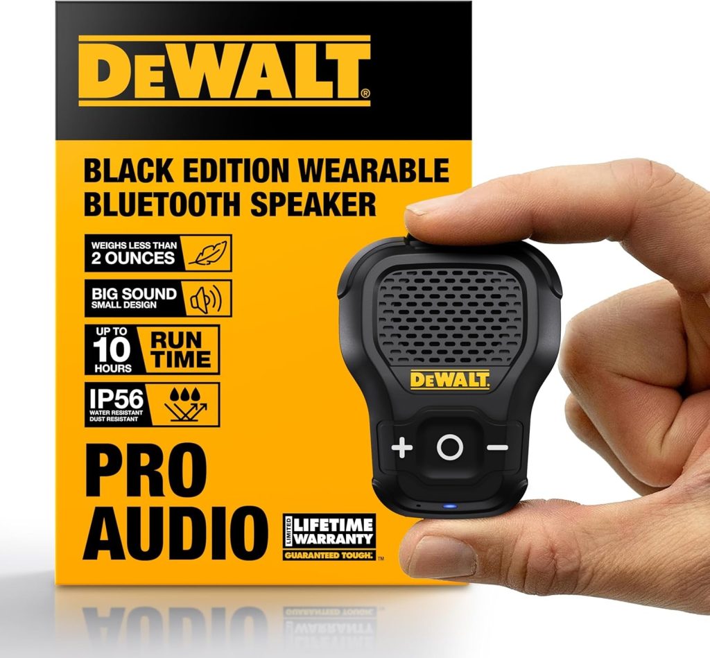 DEWALT Mini Wearable Bluetooth Speaker [Onyx Edition - Black] Clip-On