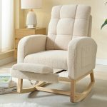 NIOIIKIT Modern Nursery Rocking Chair, Teddy Upholstered Rocking Chair with Footrest, Comfortable Rocker Glider with Side Pocket, Rocker Glider for Living Room, Bedroom, Nursing Room (Beige)