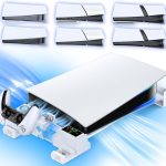 PS5/Slim/Pro Horizontal Stand with Cooling Fan & Charger for Original & Edge Controllers, Scalable Design PS5 Accessories Base with EVA Foams for All PS Five Disc & Digital, PS 5 Sideways Stand White