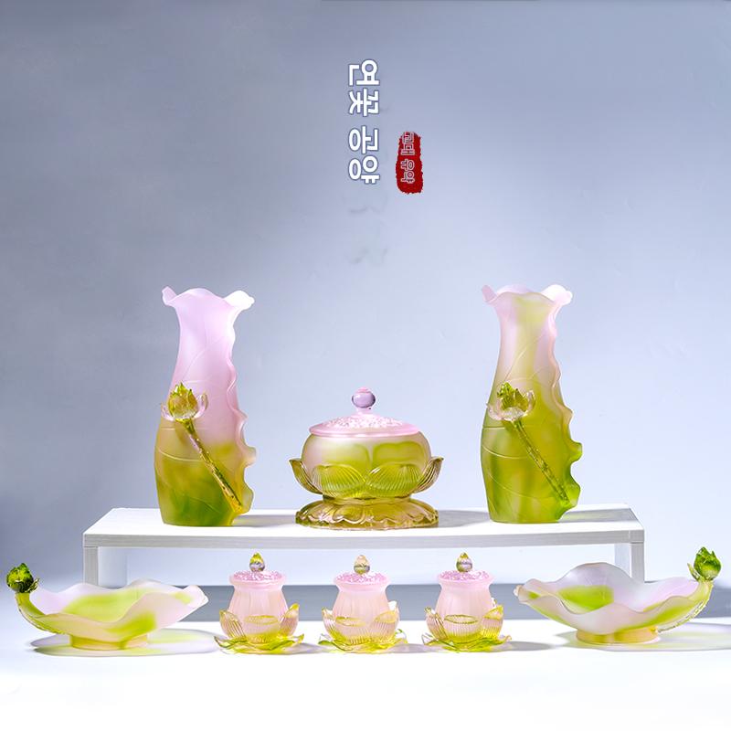 main_590813365108_0-1 유리 연꽃병 제물 접시 물잔 제물 세트 불교용품 가정 제물 불교사원 중국식 - 이미지 1