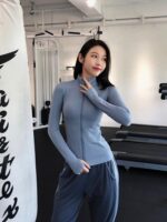 여성용 annerun 슬림핏 스포츠 재킷 긴팔 체육관 타이트 러닝 속건 옷 칼라 요가복 상의 - 이미지 3