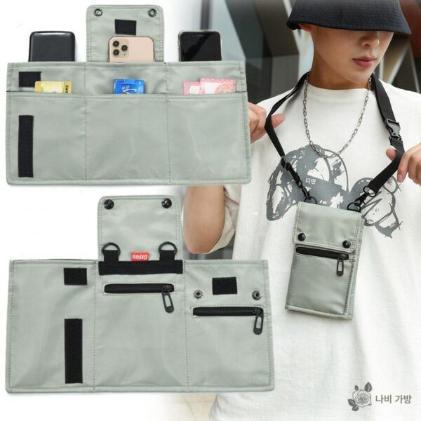 멀티 레이어 모바일 폰 가방 남성 및 여성 접이식 방수 나일론 천 소형 백팩 단색 실용 허리 가방 여권 어깨 메신저 가방