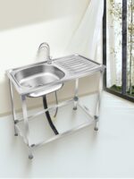 주방 스테인리스 스틸 야채 싱크대, 브라켓이 있는 싱글 통, 조작대, 두꺼운 싱크대, 플랫폼이 있는 싱글 통, 선반이 있는 싱크대 - 이미지 5