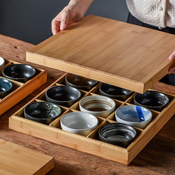 일본식 크리에이티브 9칸 바비큐 레스토랑 플레이트 핫팟 레스토랑 스페셜 식기 야채 그리드 뚜껑이 달린 대나무 쟁반