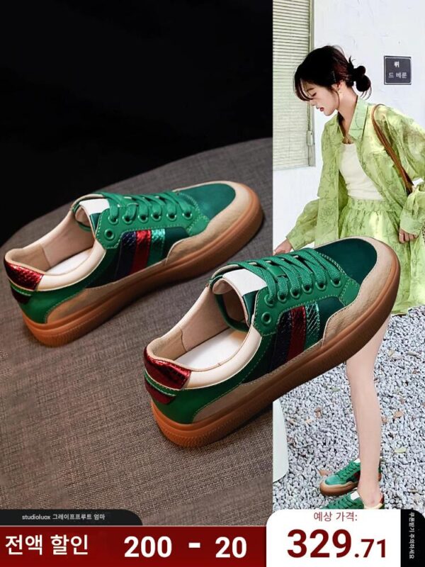 홍콩 그린 정품 가죽 캐주얼 스니커즈 여성용 2024년 신상품 가을 신상품 다재다능한 한국 스포츠 두꺼운 밑창 아빠화 ins