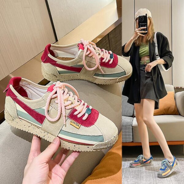 여성용 정품 가죽 포레스트 검프 슈즈 2024년 가을 겨울 신상품 올매치 캐주얼 슈즈 소프트솔 스포츠 슈즈 통기성 와플 슈즈 스니커즈