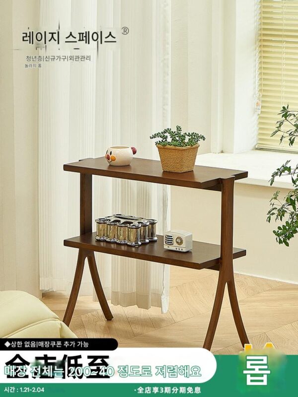 Lazy space wabi-sabi 스타일 수납 선반 홈 레트로 심플 책장 소형 아파트 견고한 나무 꽃꽂이 바닥 수납 선반