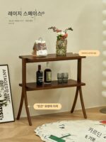 Lazy space wabi-sabi 스타일 수납 선반 홈 레트로 심플 책장 소형 아파트 견고한 나무 꽃꽂이 바닥 수납 선반 - 이미지 3