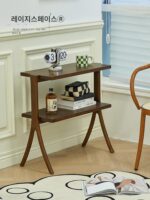 Lazy space wabi-sabi 스타일 수납 선반 홈 레트로 심플 책장 소형 아파트 견고한 나무 꽃꽂이 바닥 수납 선반 - 이미지 4