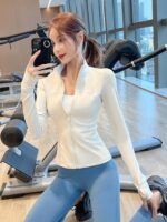 KAYANTY 스탠드 칼라 플러스 벨벳 스포츠 재킷 여성용 긴팔 피트니스 의류 가을과 겨울 야외 전문 모닝 러닝 요가 의류 - 이미지 3