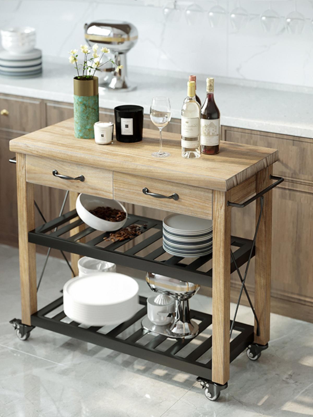 main_684471589217_0 노르딕 소형 아파트 견고한 나무 섬 주방 조리대 조리대 이동식 수납대 록보드 조리대 서랍 - 이미지 1