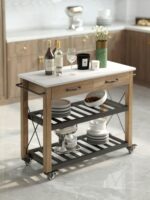 노르딕 소형 아파트 견고한 나무 섬 주방 조리대 조리대 이동식 수납대 록보드 조리대 서랍 - 이미지 2