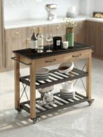 노르딕 소형 아파트 견고한 나무 섬 주방 조리대 조리대 이동식 수납대 록보드 조리대 서랍 - 이미지 3