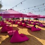 바비 핑크 네트 레드 파라솔 비치 라운지 의자 비치 캠프 테이블 의자 우산을 만들기 위해 맞춤형 로즈 레드 비치 캠프 - 이미지 4