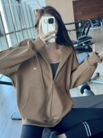 SULELIAN 루즈 캐주얼 스포츠 재킷 인 스타일 후드 요가 수트 스웨터 긴팔 러닝 탑 가을과 겨울 - 이미지 4