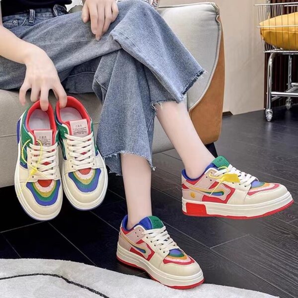 캐주얼 컬러 매칭 레인보우 만다린 덕 화이트 슈즈 여성용 2025년 신상 봄 가을 폭발적 정품 가죽 네트 셀러브리티 두꺼운 밑창 스포츠 슈즈