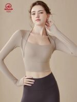 KAYANTY 하이엔드 스포츠 탑 긴팔 슬림핏 요가복 가슴 패드가 달린 숄 가짜 투피스 피트니스복