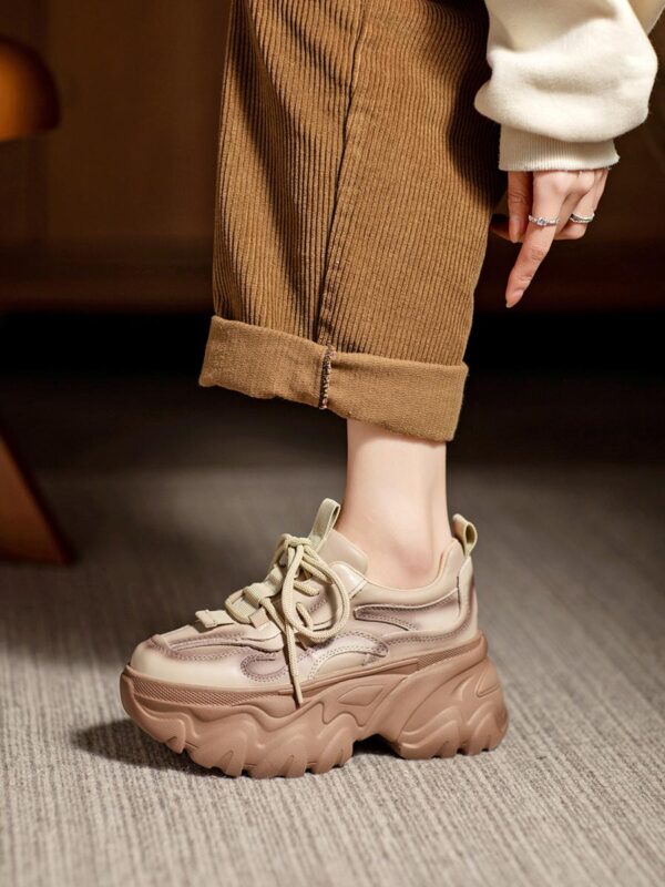 여성용 정품 가죽 레트로 두꺼운 밑창 아빠화, 키 키우기 작은 캐주얼 스포츠화, 여성용 하이힐 레이스업 소가죽 플랫폼화