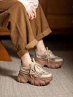 여성용 정품 가죽 레트로 두꺼운 밑창 아빠화, 키 키우기 작은 캐주얼 스포츠화, 여성용 하이힐 레이스업 소가죽 플랫폼화 - 이미지 2