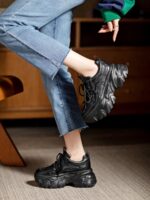 여성용 정품 가죽 레트로 두꺼운 밑창 아빠화, 키 키우기 작은 캐주얼 스포츠화, 여성용 하이힐 레이스업 소가죽 플랫폼화 - 이미지 3