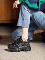 여성용 정품 가죽 레트로 두꺼운 밑창 아빠화, 키 키우기 작은 캐주얼 스포츠화, 여성용 하이힐 레이스업 소가죽 플랫폼화 - 이미지 4