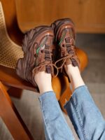 여성용 정품 가죽 레트로 두꺼운 밑창 아빠화, 키 키우기 작은 캐주얼 스포츠화, 여성용 하이힐 레이스업 소가죽 플랫폼화 - 이미지 5