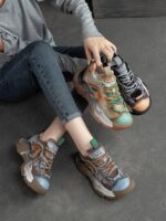 여성용 캐주얼화 2023년 봄 신상품 두꺼운 밑창 트렌디 가죽 스니커즈 레트로 가벼운 패션 키높이 아빠화 - 이미지 5