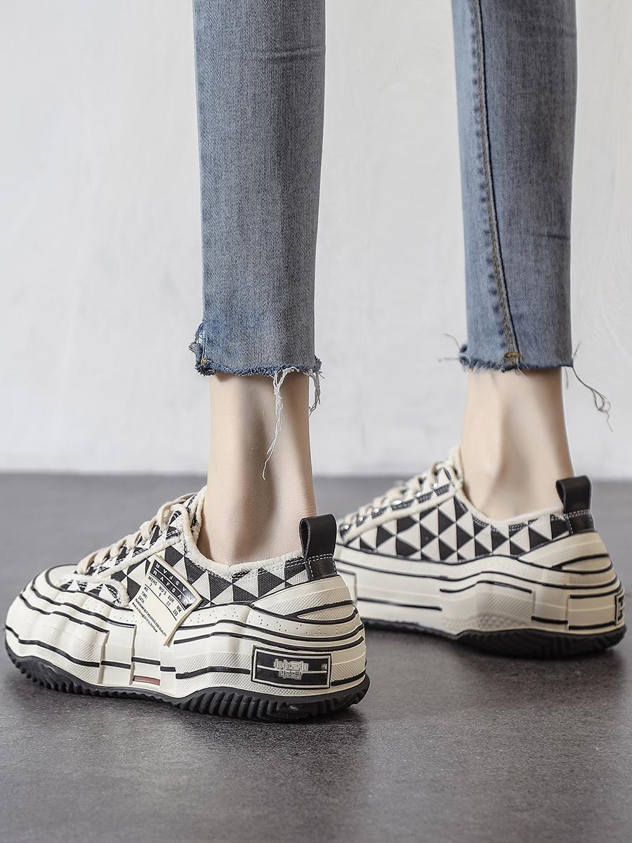 main_698682409617_0-1 여성용 다이아몬드 캔버스 슈즈 두꺼운 밑창 키 높이 향상 거지 슈즈 샤오샹 스타일 여성화 2025년 봄 신상품 캐주얼 디졸빙 스니커즈 - 이미지 1