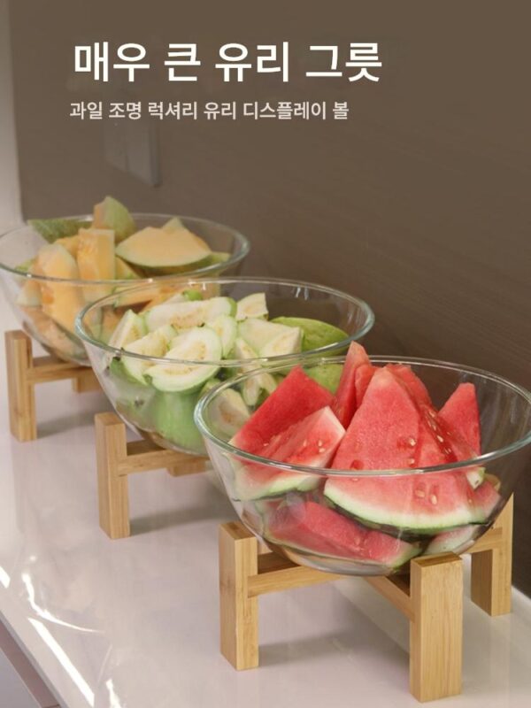 대형 유리 분지 과일 그릇 대나무 나무 프레임 높은 발 야채 샐러드 뷔페 차가운 접시 디스플레이 플레이트 상업용 주방 도구
