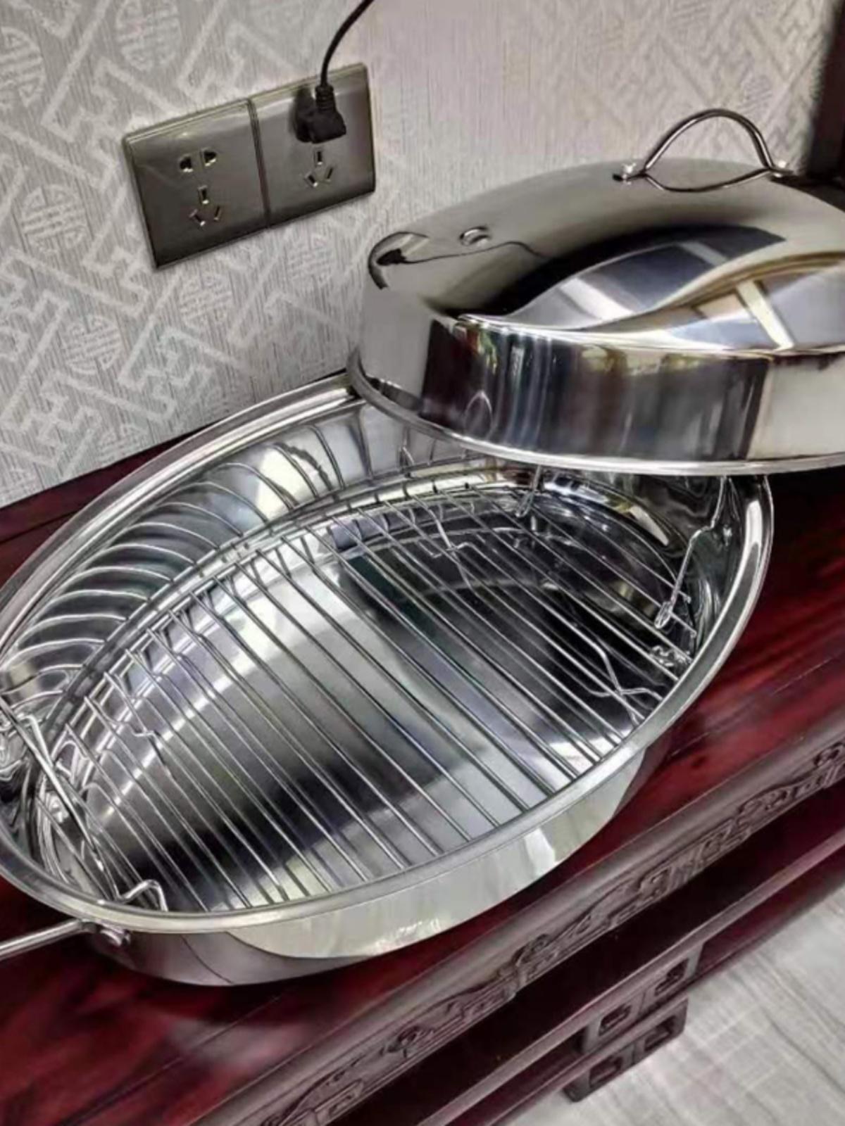 main_722968991634_0-1 46CM 생선찜 유물 두껍게 확대된 타원형 찜통 수프 냄비 찜닭, 오리, 거위, 해산물 찜 그리드 가스 유도 조리기 - 이미지 1