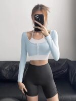 KAYANTY 가슴 패드 포함 외부 착용 필라테스 스포츠 상의 가짜 투피스 홀터넥 요가복 러닝 트레이닝 긴팔 - 이미지 4