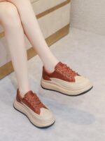 정품 가죽 두꺼운 밑창 캐주얼화 2024 가을 레이스업 키높이 운동화 핸드메이드 레트로 플랫폼 딥 마우스 싱글화 - 이미지 4