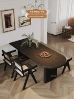 검은색 단단한 목재 반 타원형 식탁 섬이 벽에 통합되어 있는 소형 아파트 반원형 테이블과 의자 프랑스 복고풍 식탁 - 이미지 3