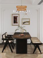 검은색 단단한 목재 반 타원형 식탁 섬이 벽에 통합되어 있는 소형 아파트 반원형 테이블과 의자 프랑스 복고풍 식탁 - 이미지 5