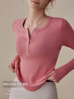 Bylure 필라테스 트레이닝복 가을 겨울 여성용 신축성 리브 단추 피트니스 긴팔 티셔츠 핑크 요가 상의 - 이미지 2