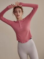 Bylure 필라테스 트레이닝복 가을 겨울 여성용 신축성 리브 단추 피트니스 긴팔 티셔츠 핑크 요가 상의 - 이미지 3