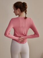 Bylure 필라테스 트레이닝복 가을 겨울 여성용 신축성 리브 단추 피트니스 긴팔 티셔츠 핑크 요가 상의 - 이미지 4