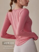 Bylure 필라테스 트레이닝복 가을 겨울 여성용 신축성 리브 단추 피트니스 긴팔 티셔츠 핑크 요가 상의 - 이미지 5