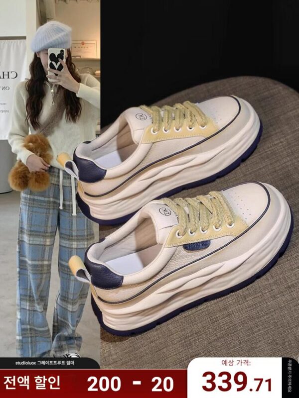 홍콩 여성용 키높이 흰색 신발 2025년 신상품 봄 가을 두꺼운 밑창 정품 가죽 아빠 신발 스포츠 캐주얼 올매치 스니커즈