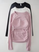 여성용 요가복 2025년 신상품 고정 가슴 패드가 있는 고급 상의 피트니스 긴팔 스포츠 필라테스 올매치 티셔츠