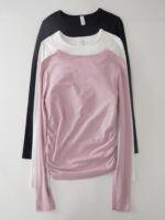 여성용 요가복 2025년 신상품 고정 가슴 패드가 있는 고급 상의 피트니스 긴팔 스포츠 필라테스 올매치 티셔츠 - 이미지 2