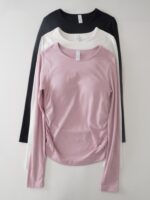 여성용 요가복 2025년 신상품 고정 가슴 패드가 있는 고급 상의 피트니스 긴팔 스포츠 필라테스 올매치 티셔츠 - 이미지 3