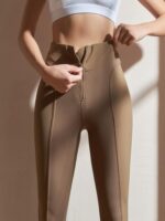 Youyoumeat 지퍼 복부 조절 요가 팬츠 복숭아 엉덩이 리프팅 피트니스 팬츠 타이트 스포츠 러닝 팬츠 속건 트레이닝 수트 - 이미지 4