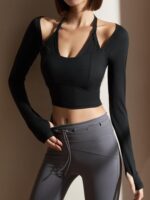 Youyoumeat 섹시 스포츠 러닝 긴팔 요가복 가슴 패드 피트니스 탑 메시 필라테스 댄스복