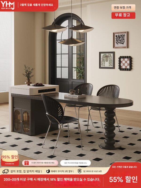 블랙 슬레이트 아일랜드 다이닝 테이블 통합 홈 프랑스 복고풍 이탈리아 스타일 모든 견고한 목재 고급 접이식 아래층