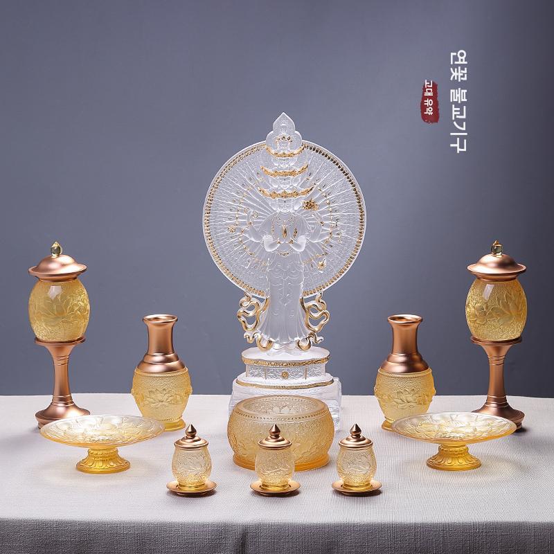 main_754021034889_0-1 유리 연꽃 불교 장식품 세트 불교 사원 제물 물잔 향로 꽃병 램프 부처님 앞에 놓임 - 이미지 1